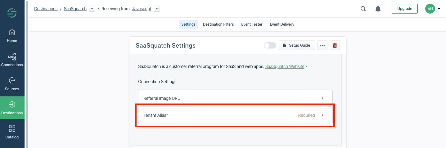 Segment SaaSquatch Settings - Highlighted