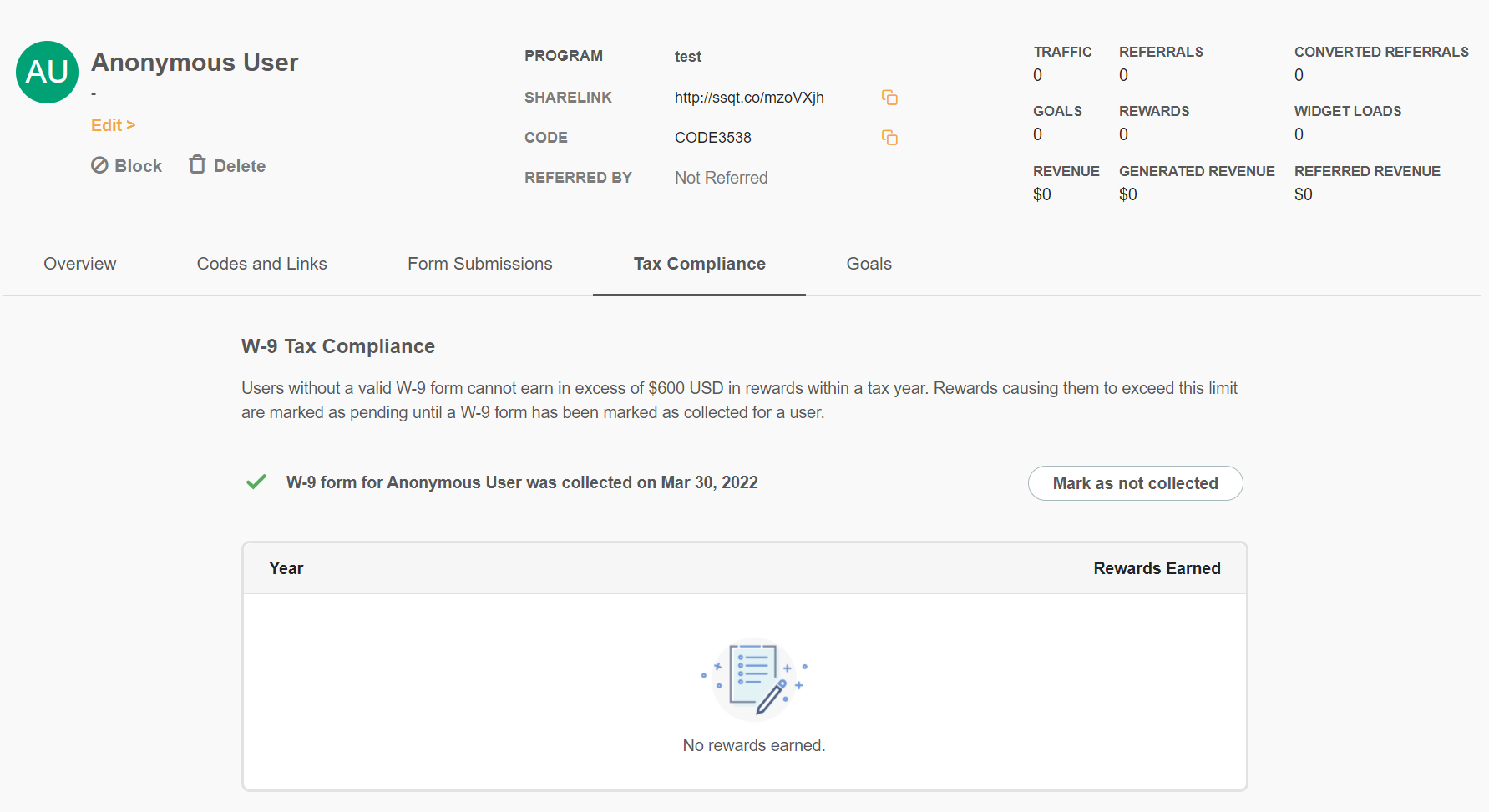 W-9 mark as not collected